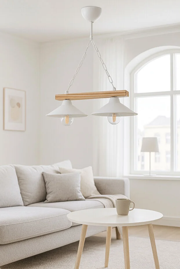 Şapkalı Ahşap Sıralı Salon Avizesi 2'li Beyaz